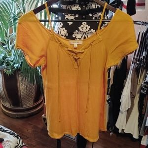 Mustard yellow cold shoulder top
